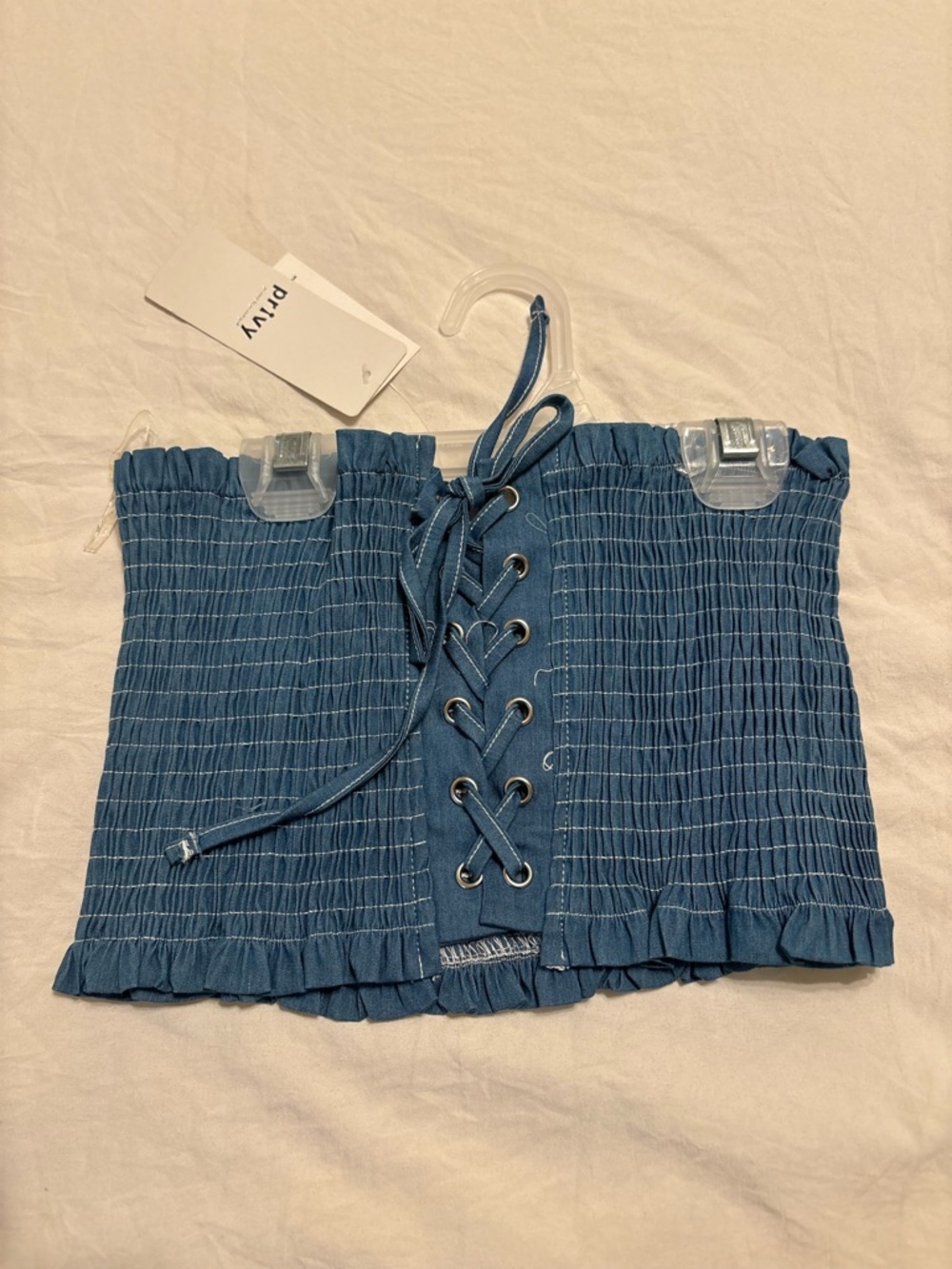 privy Blue Lace-Up Smocked Crop Top